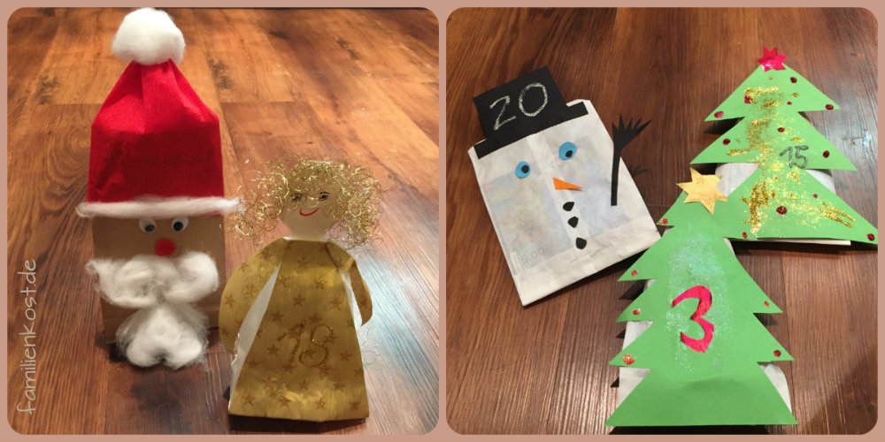 Adventskalender aus Butterbrott&uuml;ten mit Schneemann, Weihnachtsmann und Engel