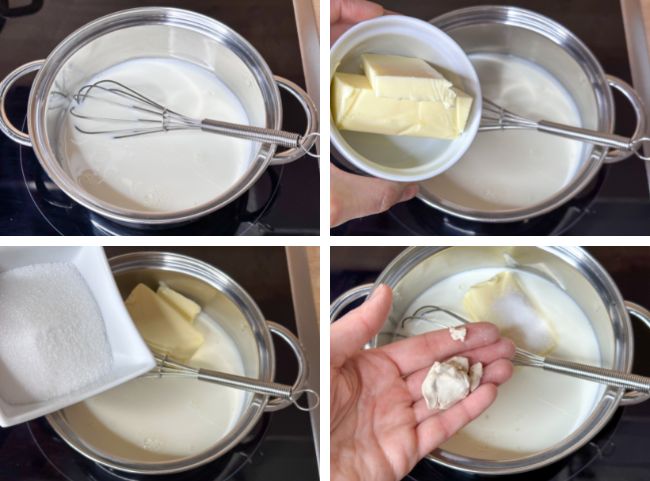 Milchbrötchen - Milch, Butter, Zucker und Hefe erwärmen Milchbrötchen - Milch, Butter, Zucker und Hefe erwärmen
