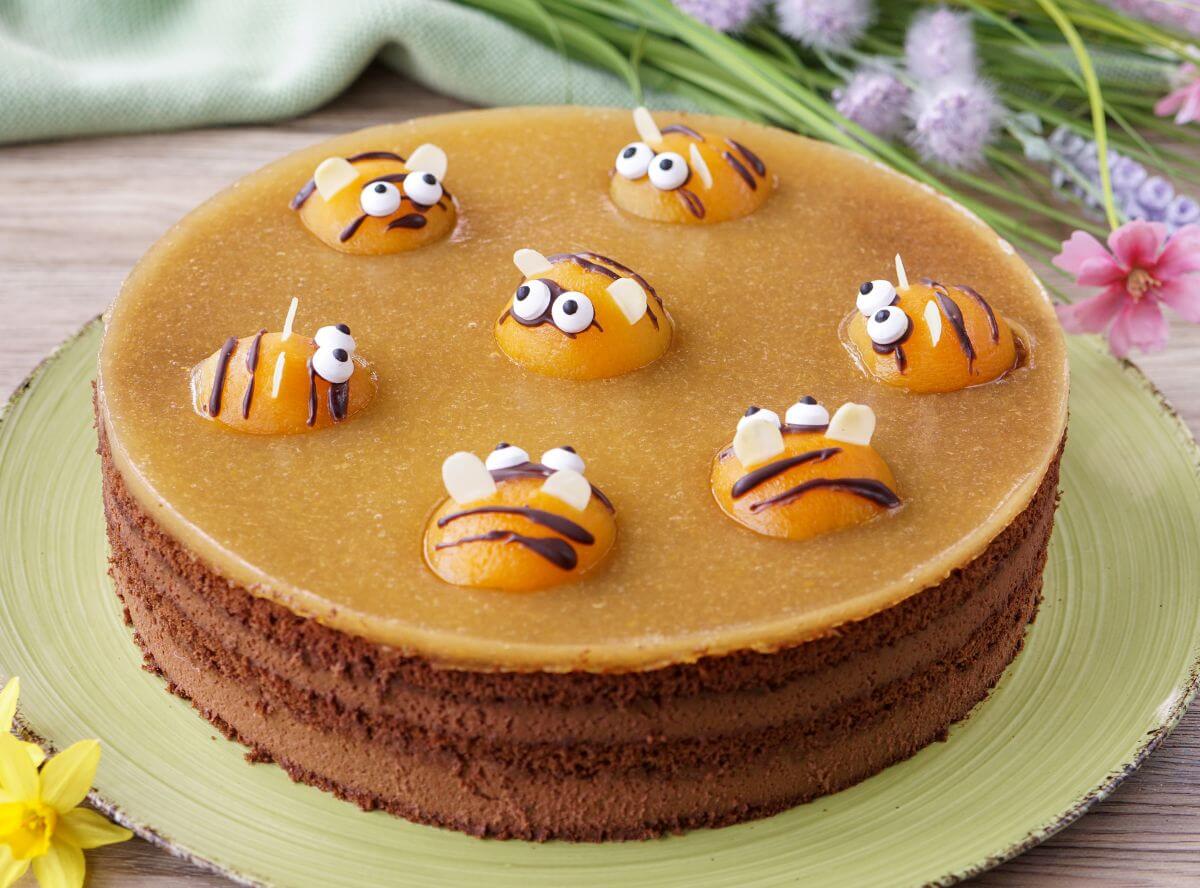 Schoko-Sahne-Torte mit Aprikosen-Bienen